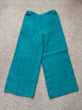 Eileen Fisher Wide Leg Cropped High Rise Seafoam Teal 100% Linen Pants Size XS